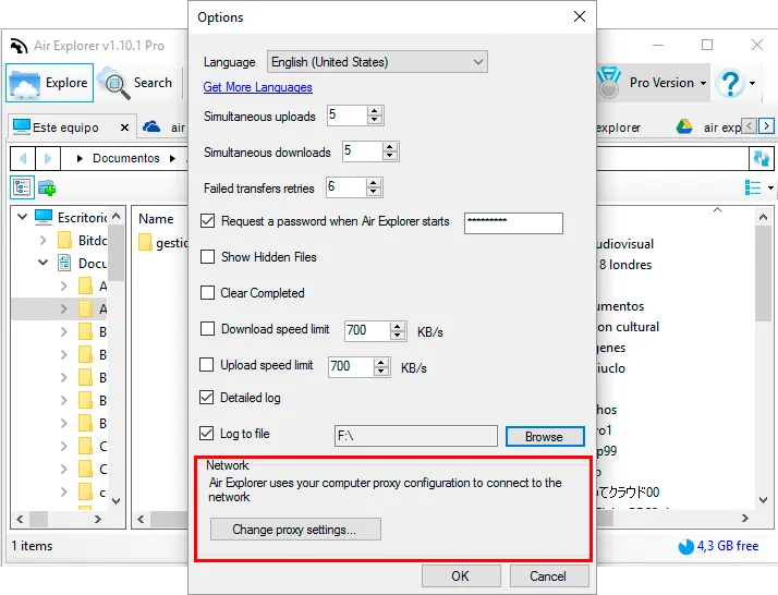 Proxy configuration in Air Explorer