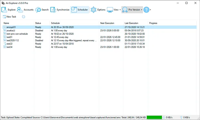 Panel del programador de Air Explorer con la lista de tareas automáticas de sincronización y copia de seguridad, su frecuencia e historial de ejecución
