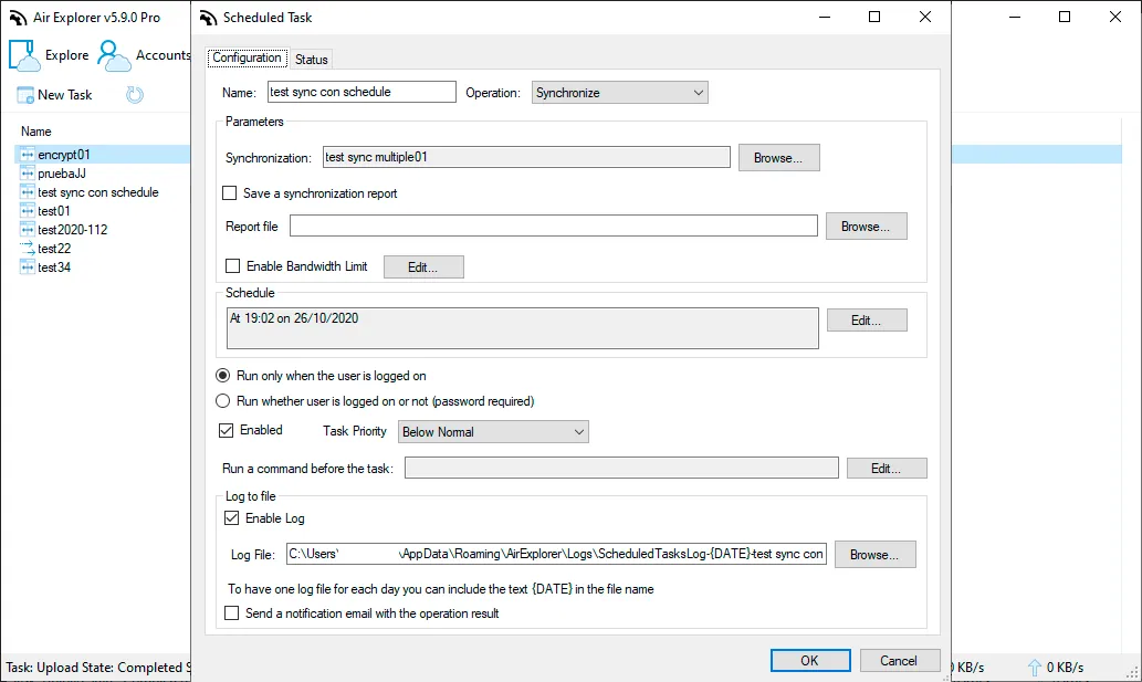 Scheduled task in Air Explorer that runs a saved synchronization on a set date and time