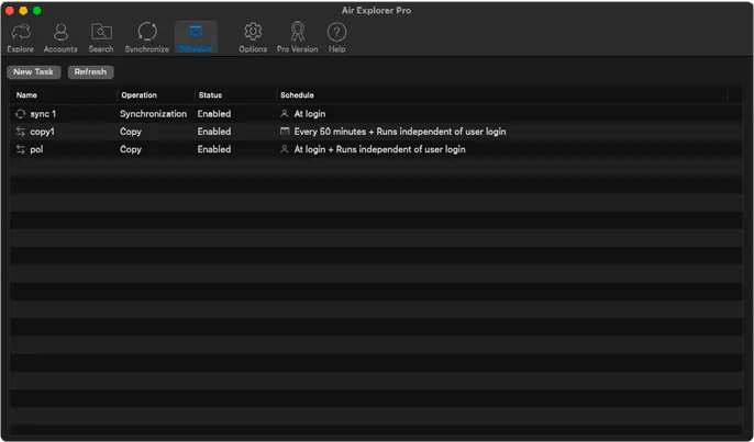 Interfaz del programador de Air Explorer Pro en macOS con la lista de tareas automáticas de sincronización y copia con su estado y frecuencia.