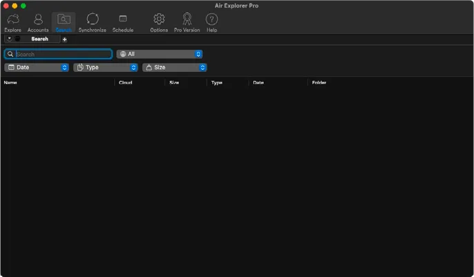 Interfaz de búsqueda de Air Explorer Pro en macOS con opciones de filtrado por proveedor de nube, fecha, tipo y tamaño en modo oscuro.