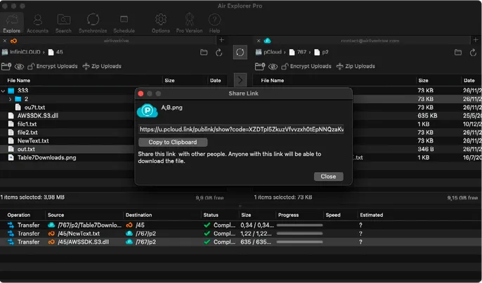 Ventana de compartir enlaces de Air Explorer Pro en macOS