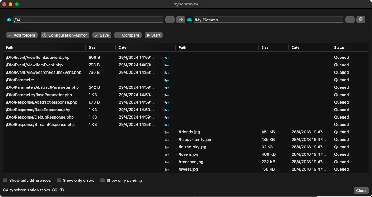 Air Explorer for Mac synchronization window showing file comparison and planned operations