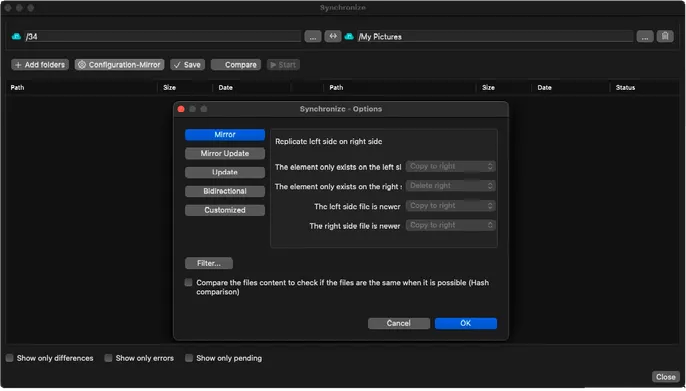 Opciones de sincronización de Air Explorer Pro en macOS con los modos Espejo, Actualizar y Bidireccional y ajustes avanzados de replicación.