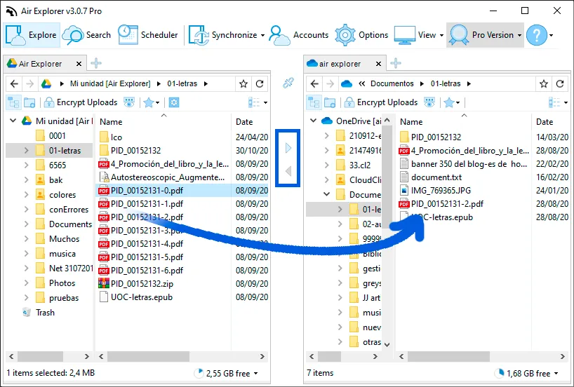 Progreso de una transferencia entre cuentas de nube en Air Explorer