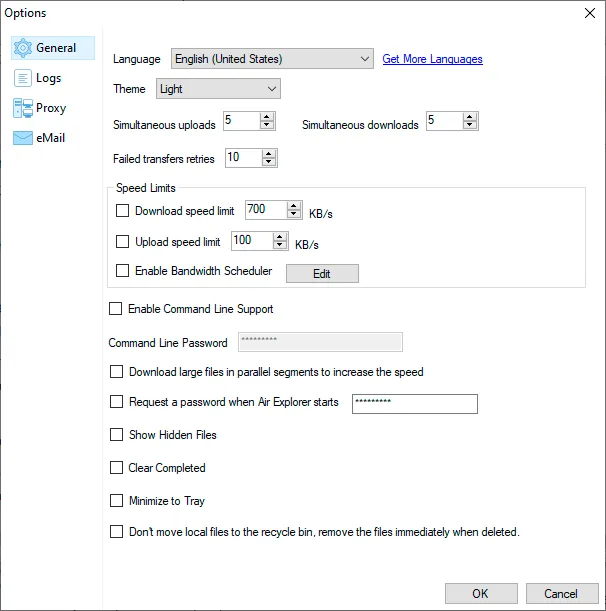 The CLI upload speed respects the limits you have configured in the Options section of the Air Explorer graphical interface.