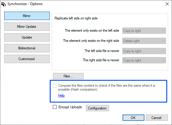 Opción de comparación Hash de Air Explorer en la configuración de sincronización