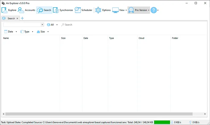 Buscador multinube centralizado de Air Explorer, que permite encontrar archivos en todas las nubes conectadas al instante con filtros avanzados de fecha, tamaño y tipo de archivo.