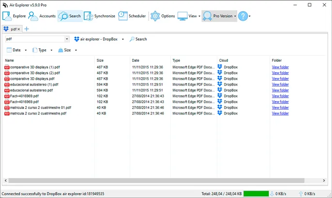 Herramienta de búsqueda de Air Explorer mostrando resultados PDF filtrados de una cuenta de Dropbox, con tamaño, fecha y nube de origen para una localización rápida.