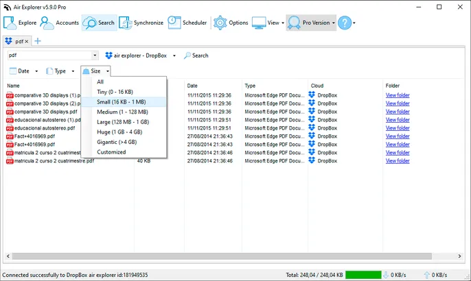 Herramienta de búsqueda de Air Explorer con opciones avanzadas de filtro por tamaño para localizar documentos concretos en cuentas conectadas como Dropbox.