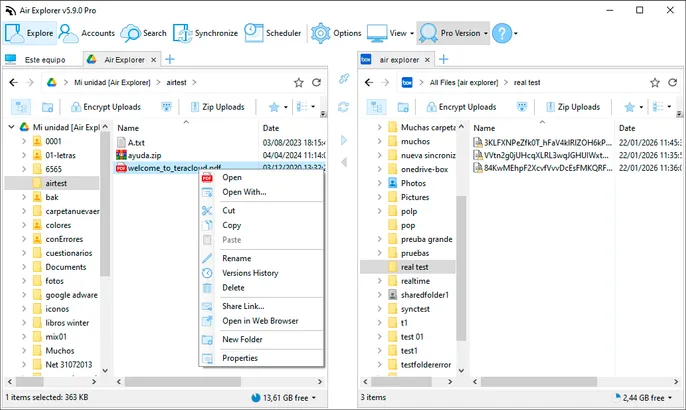 La función "Compartir enlace" de Air Explorer, accesible con el clic derecho, permite generar, copiar o enviar por correo enlaces de descarga directa de archivos guardados en cualquier cuenta de nube conectada.