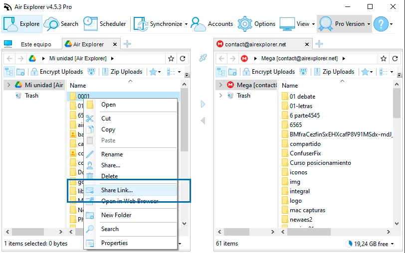 Menú contextual sobre una carpeta de Google Drive en Air Explorer con Share Link resaltado
