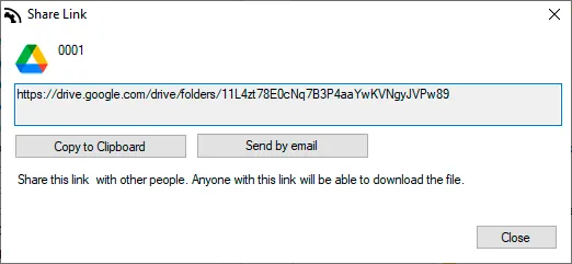 Ventana Share Link de Air Explorer con un enlace de Google Drive para copiar o enviar por correo