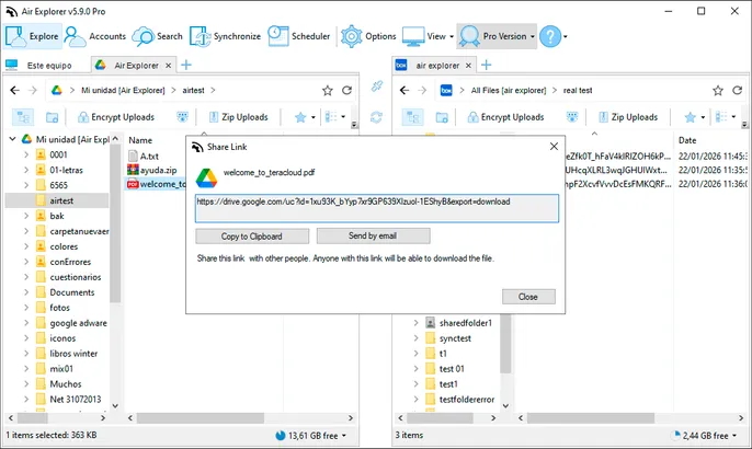 Herramienta de compartir enlaces de Air Explorer, mostrando una URL de descarga generada para un archivo de Google Drive, con opciones rápidas para copiar el enlace o compartirlo por correo.