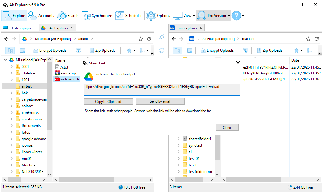 Cuadro de diálogo de enlace compartido de Air Explorer para un archivo de nube