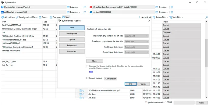 Ventana de opciones de sincronización de Air Explorer con los distintos modos en Windows