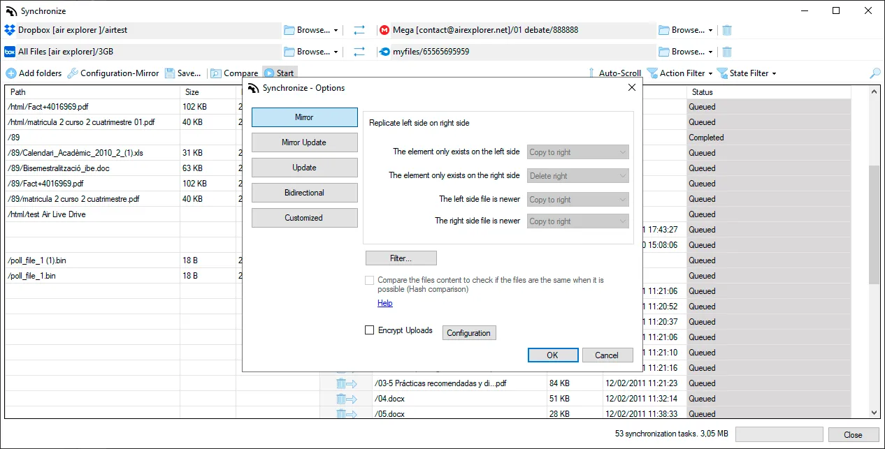 Sync options in Air Explorer for several pairs of folders, with mirror mode selected