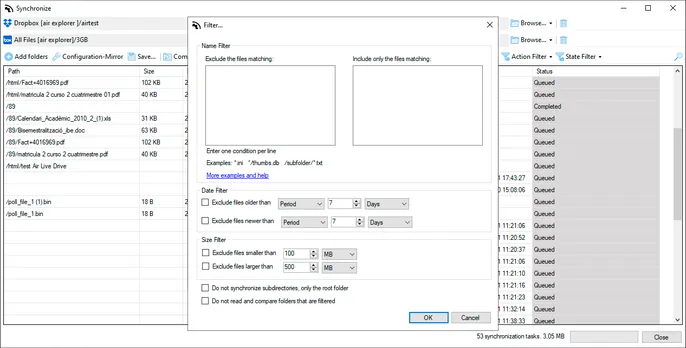 Ventana de filtros de sincronización de Air Explorer con opciones para incluir o excluir archivos por nombre, fecha y tamaño