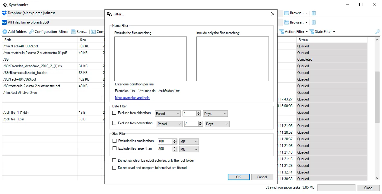 Sincronización selectiva que puede excluir en Air Explorer