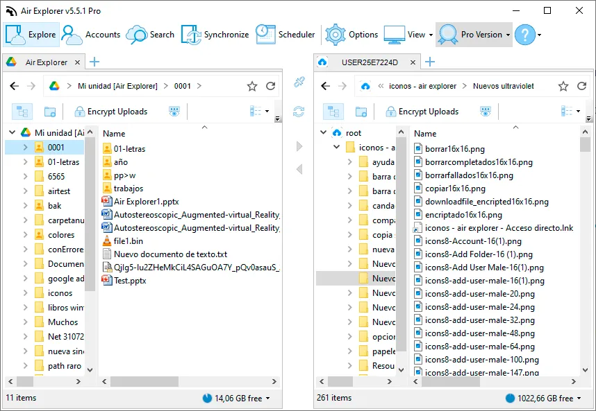 Google Drive and TeraBox open side by side in Air Explorer to transfer files between them