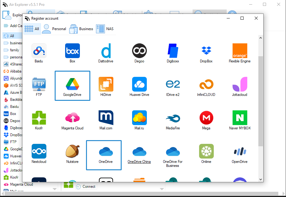 Add Google Drive and Onedrive accounts in Air Explorer