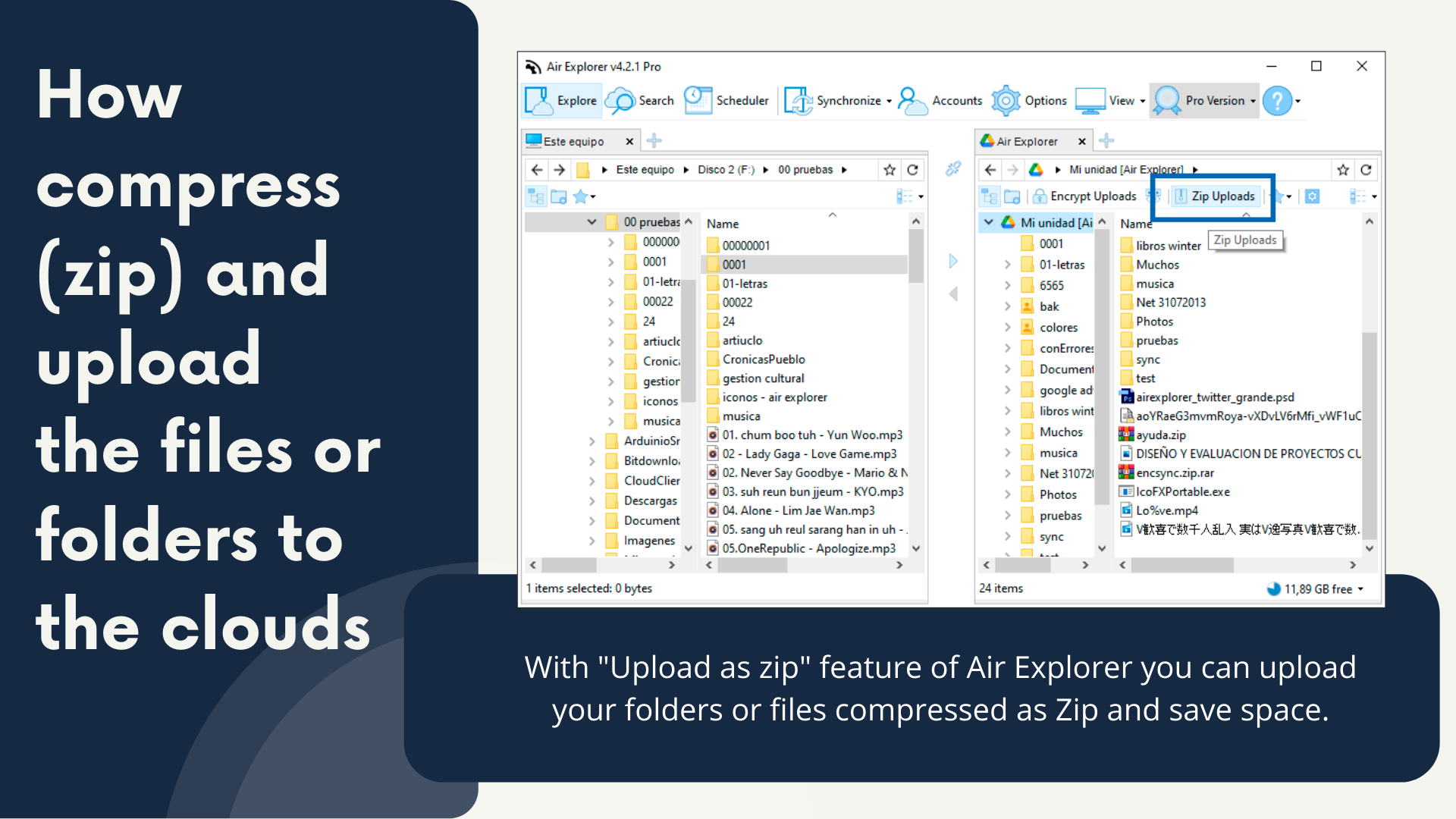 How compress (zip) and upload the files or folders to the clouds