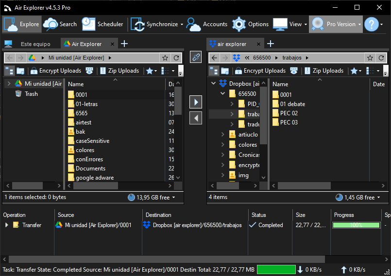 Monitos the transfer progress when copy your Dropbox files to Google Drive