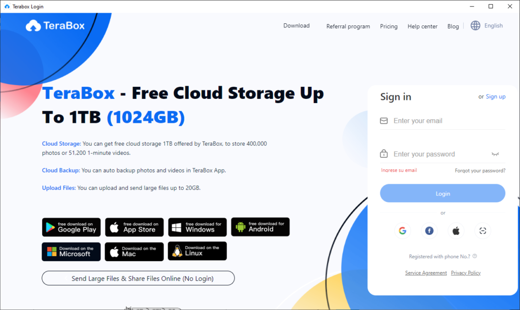Terabox offers you 1 TB of free storage space
