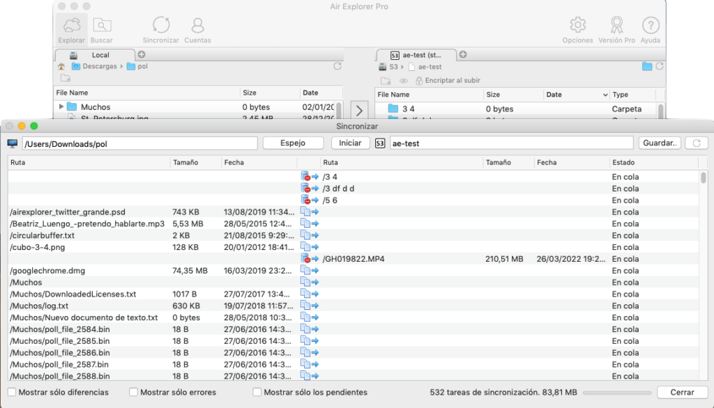 Synchronization screen in Air Explorer for Mac