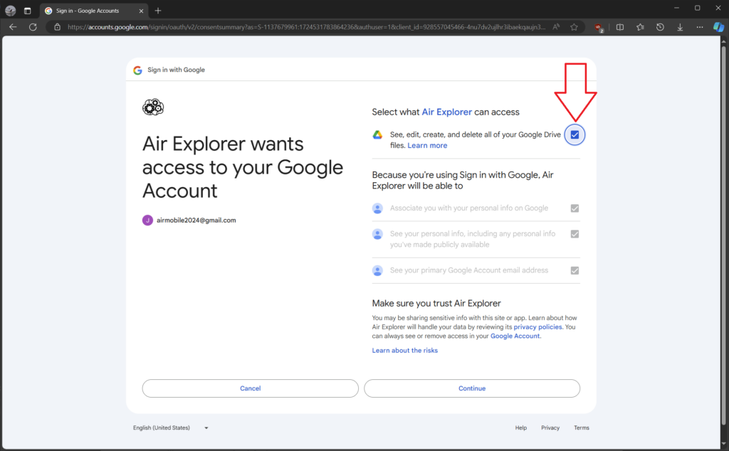 To add Google Drive to Air Explorer, remember to click "See, edit, create, and delete all of your Google Drive files."