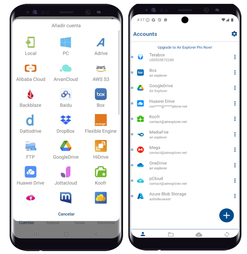 Add your TeraBox and Google Drive account in Air Explorer for Android