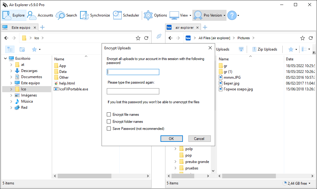 Air Explorer encryption settings window showing password protection fields and options to encrypt file and folder names for secure uploads