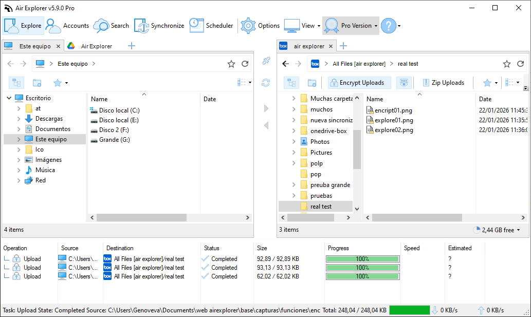 Air Explorer interface displaying a list of encrypted files uploaded to a cloud account