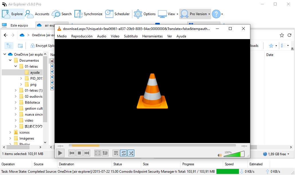 Air Explorer seamlessly integrates with VLC media player to stream high-definition cloud videos without local downloads.
