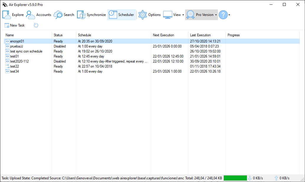 Air Explorer scheduler dashboard displaying a list of automated synchronization and backup tasks with their frequency and execution history