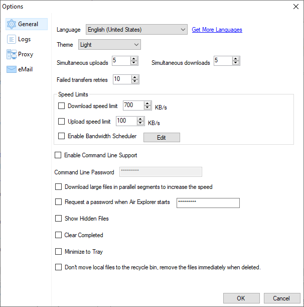 The CLI upload speed respects the limits you have configured in the Options section of the Air Explorer graphical interface.
