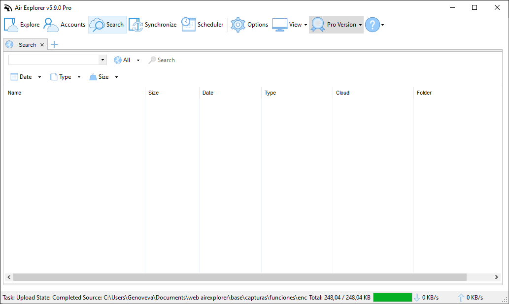 Centralized multi-cloud search engine in Air Explorer, allowing users to find files across all connected clouds instantly using advanced filters for date, size, and file type.