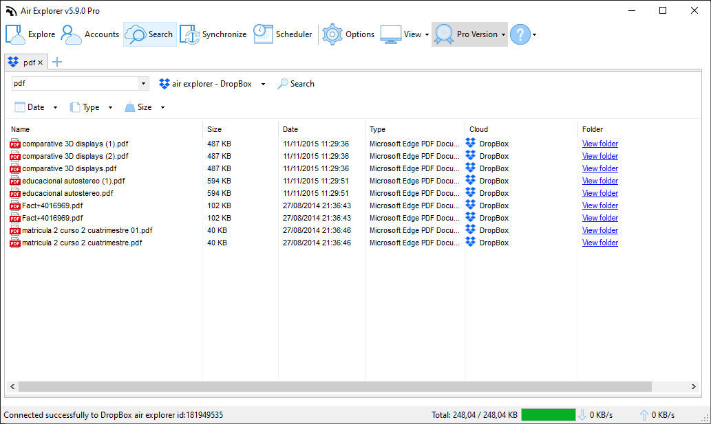 Air Explorer search tool displaying filtered PDF results from a Dropbox account, including file size, date, and cloud source for fast data retrieval.