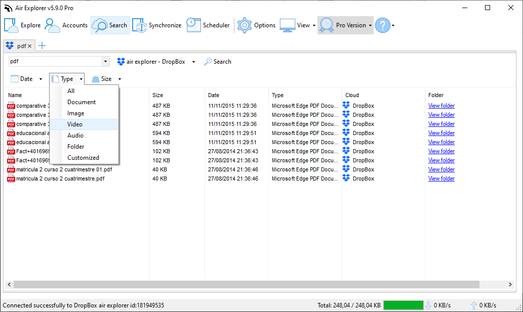 Air Explorer search interface with the file type filter open, allowing users to categorize results by documents, images, videos, and audio across all cloud accounts.