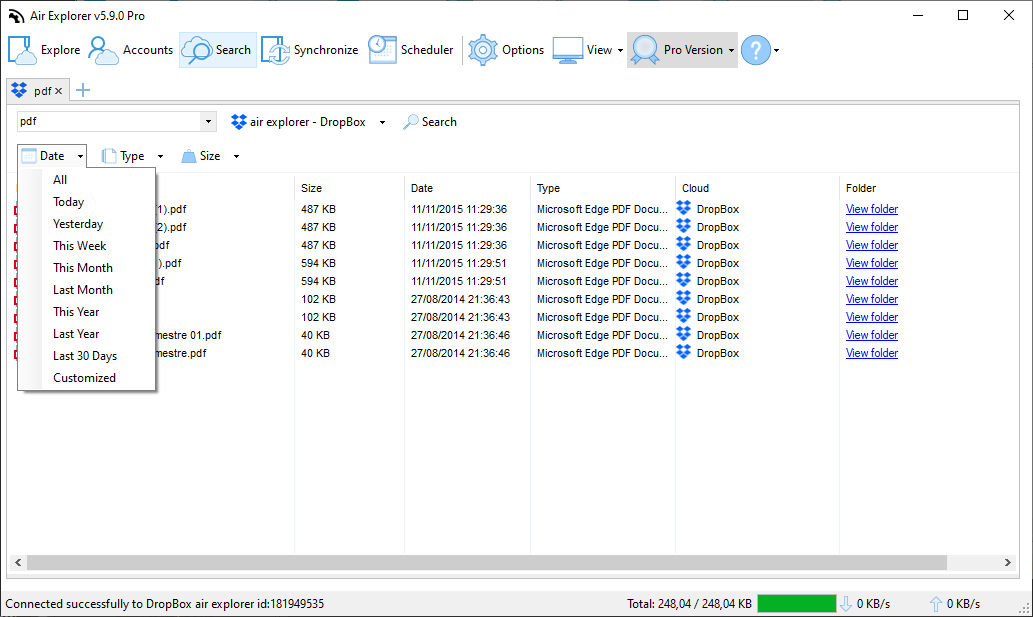 Air Explorer search interface with the date filter open, allowing users to quickly locate files across multiple cloud accounts by specific timeframes such as today, this month, or last year.