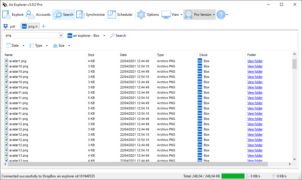 Air Explorer’s multi-tab search interface, enabling users to perform and manage several cloud searches simultaneously for faster file comparison and retrieval.