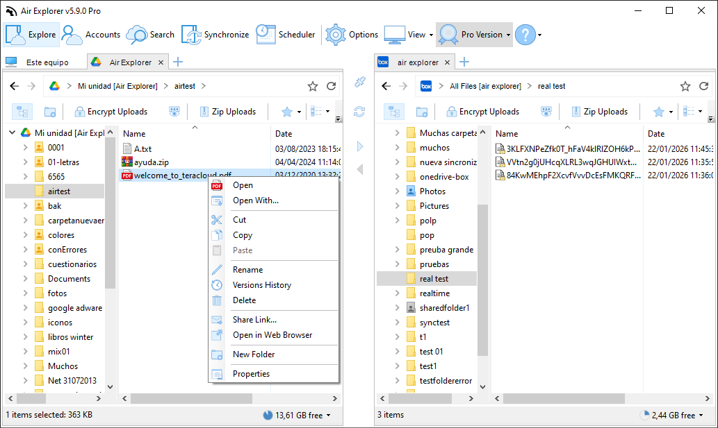 Air Explorer’s 'Share Link' feature, accessible via right-click, allows users to instantly generate, copy, or email direct download links for files stored across any connected cloud account.