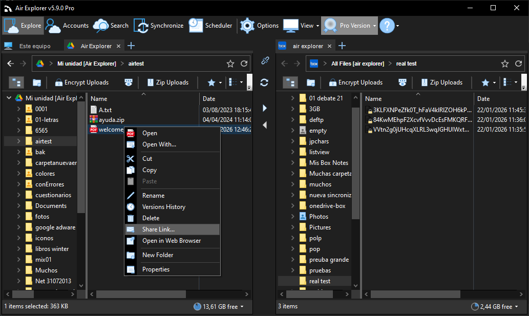 Right-click on any file in Air Explorer to quickly access the 'Share Link' tool and generate direct download URLs for files stored in any connected cloud account.