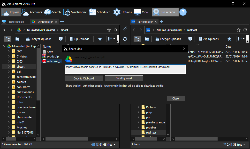Air Explorer’s share link tool in dark mode, displaying a generated direct download URL for a cloud file with quick-action buttons to copy the link or share it via email.