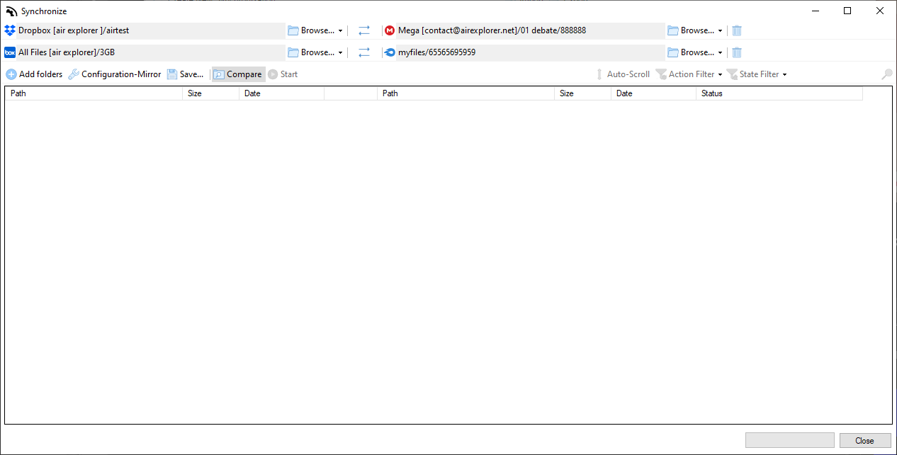 Air Explorer synchronization management dashboard showing multi-cloud sync tasks and configuration