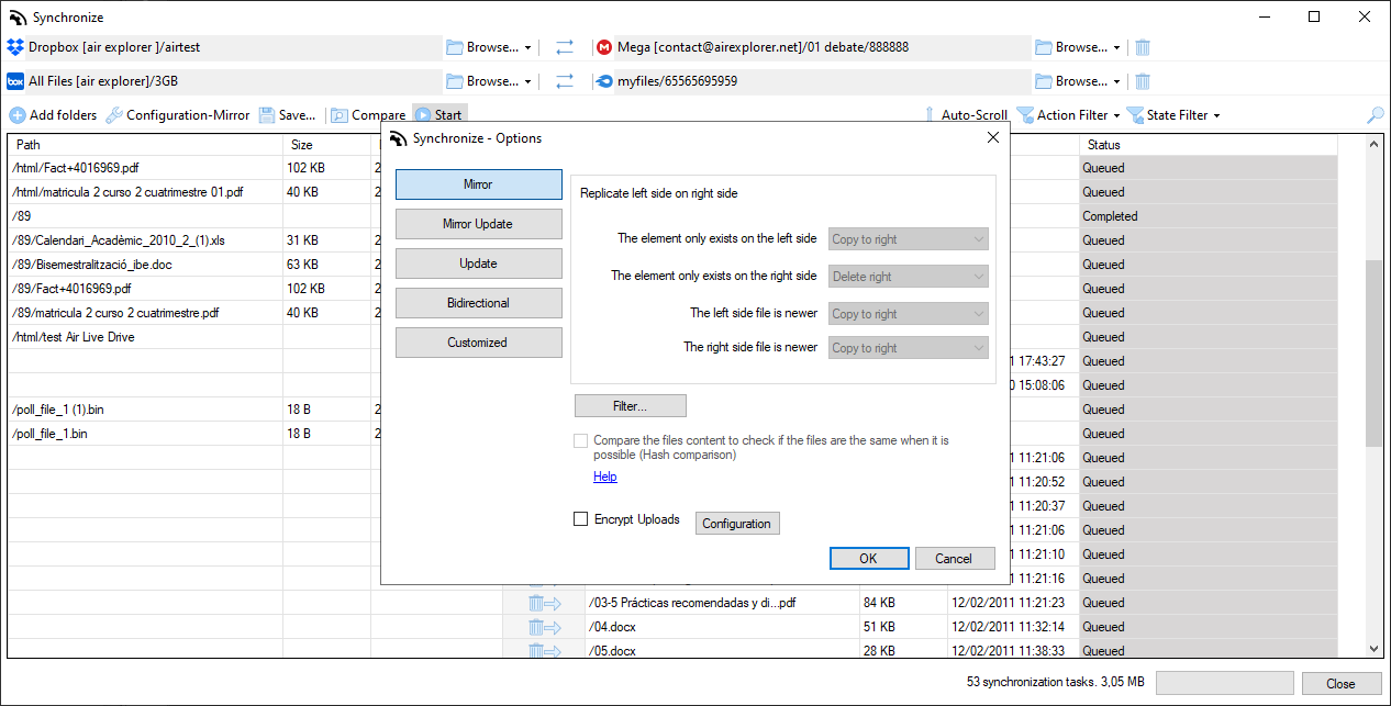 Air Explorer synchronization options window displaying different sync modes in Windows