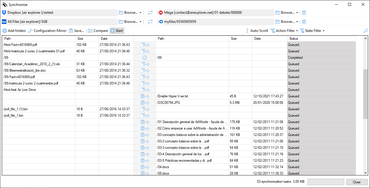 Air Explorer parallel synchronization interface showing multiple simultaneous file transfer tasks between different cloud accounts