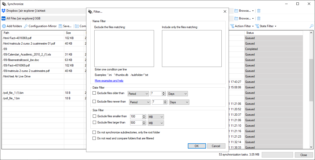 Air Explorer synchronization filter window showing options to include or exclude files by name, date, and size