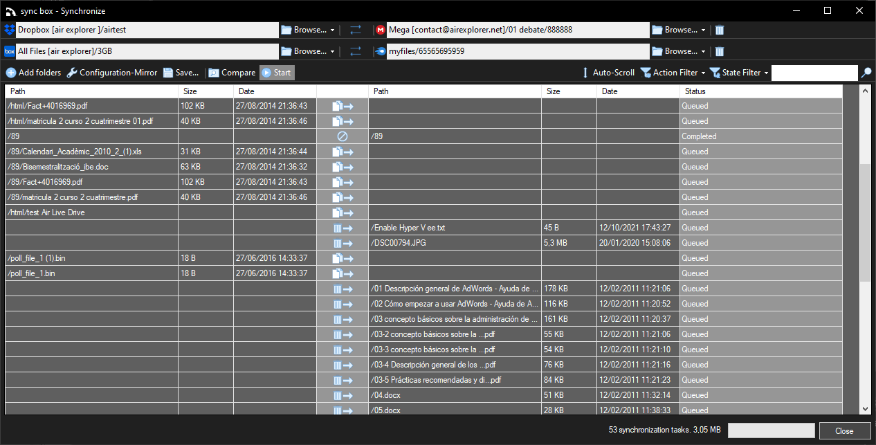 Air Explorer parallel synchronization interface showing multiple simultaneous file transfer tasks between different cloud accounts