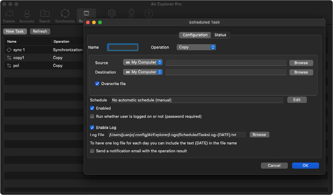 Air Explorer Pro scheduled task configuration window on macOS
